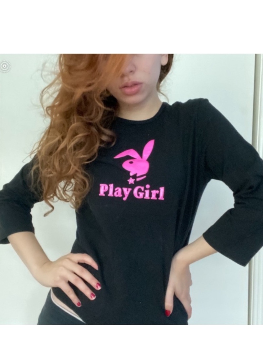 PlayGirl Black Long-Sleeve Top with Pink Logo SZ M